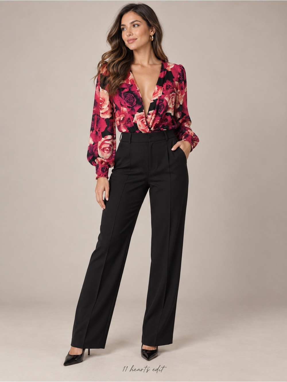 Jealous Tomato Rose Print Surplice Bodysuit Small Pink Floral Top